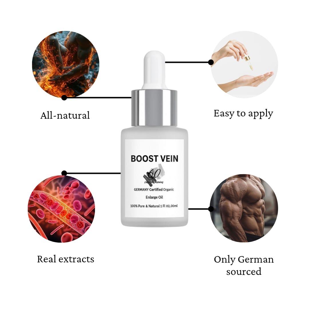 Boost Vein Oil | Germany Certified Organic Enlarge Oil | 100% Pure & Natural | 1 Fl Oz (30ml)